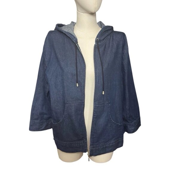 GAP Stretch Blue Denim Full Zip 3/4-Sleeve Hooded Jacket w/Pockets Women's Sz XL - Picture 6 of 7
